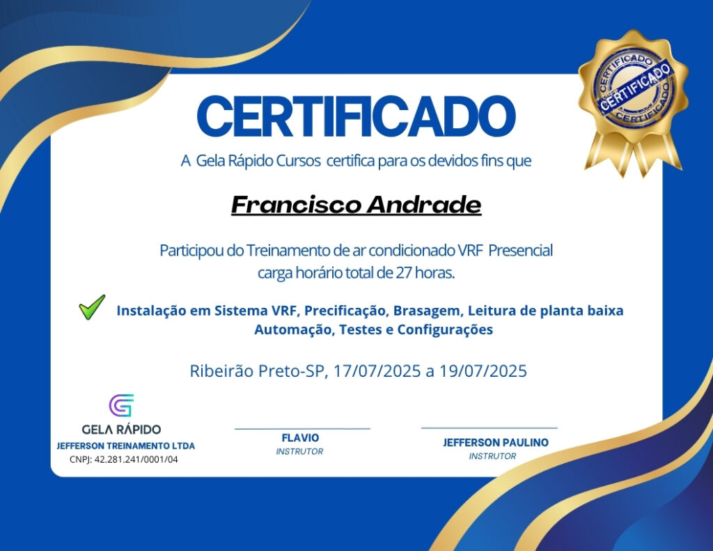 certificado instalação ar condicionado vrf presencial gela rapido cursos ribeirão preto